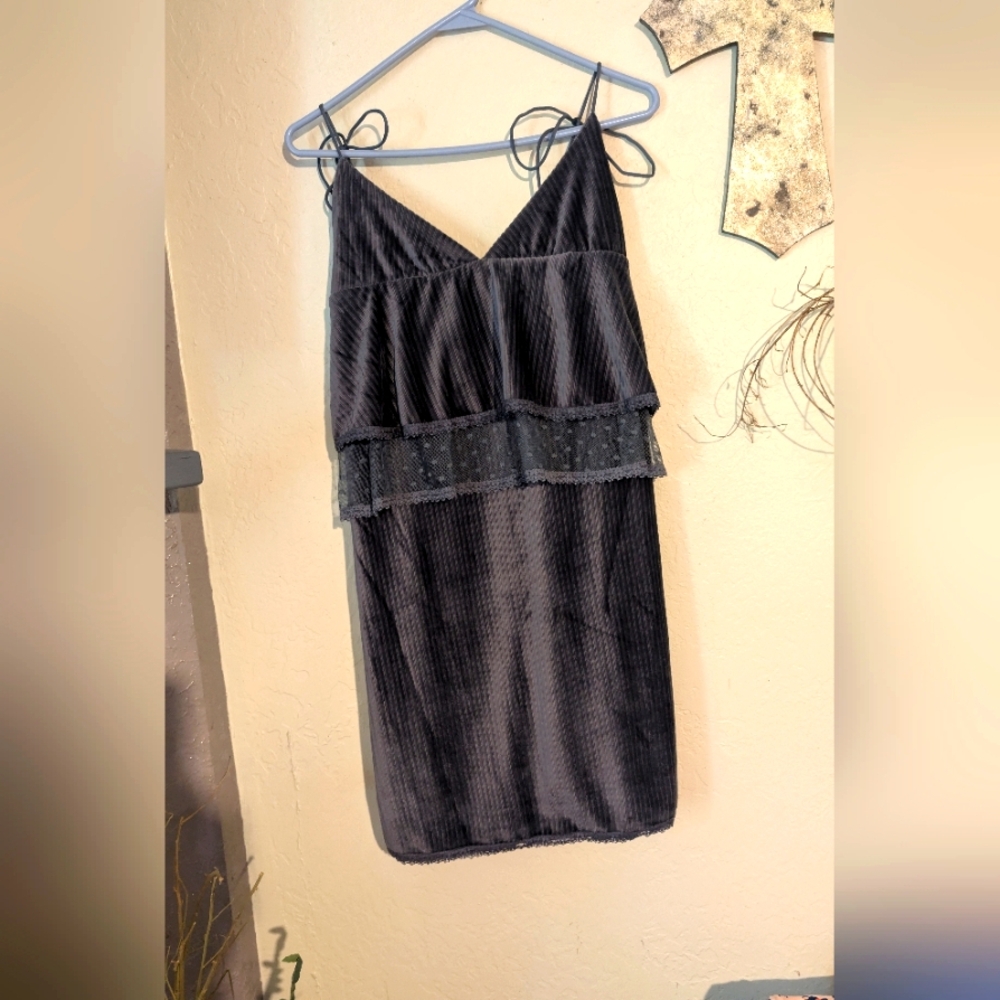 SALE POL Elegant Charcoal Gray Velvet & Lace Slip Dress Adjustable Tie Shoulder.